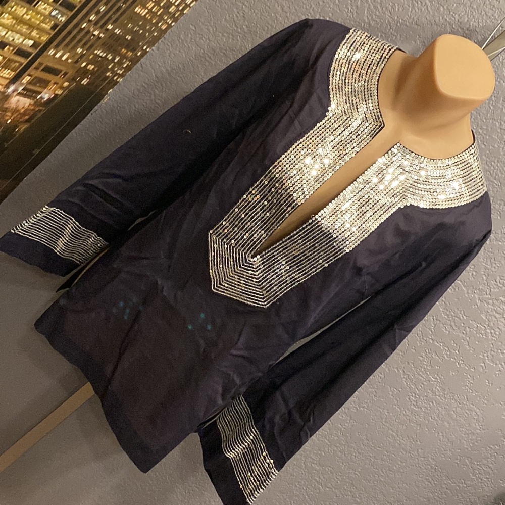 TORY BURCH - top: l/s navy 3/4 slv w silver sequin accents on neck & cuffs - 10 - Picture 16 of 16